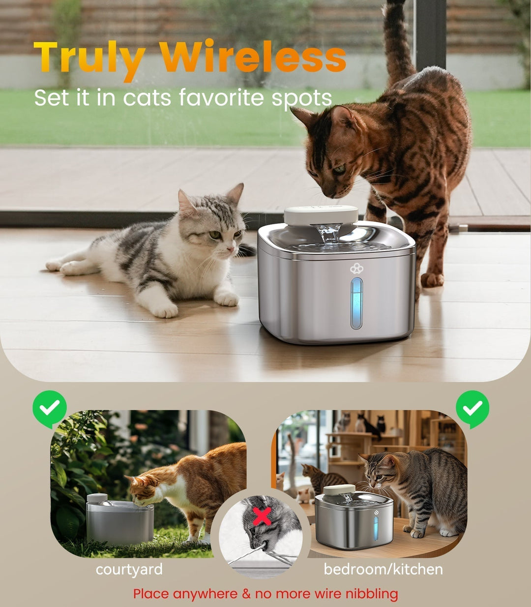 Oneisall 3.5L Cordless Smart Pet Water Fountain Stainless Steel with 3PCS Filters - Oneisall - EU